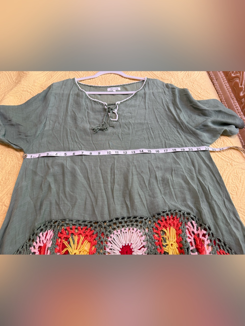 NWT Miracle M L p22 Olive Green Boho Fringe Top Colorful Crochet Accents - Picture 7 of 10
